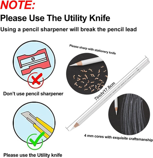 Professional White Charcoal Pencils Set - 6 Pieces Sketch Highlight White Pencils for Drawing, Sketching, Shading, Blending, White Chalk Pencils f...