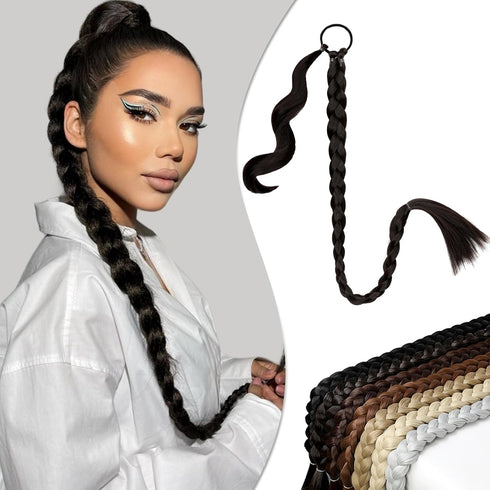 Long Braided Ponytail Extension with Hair Tie Dark Brown Straight Wrap Around Braid Ponytail Hair Extensions Natural Soft Synthetic Hair Piece for...