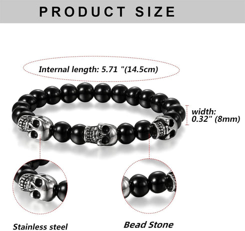 Flongo Men's Biker Stainless Steel Skull Skeleton 8MM Black Bead Stone Bracelet...