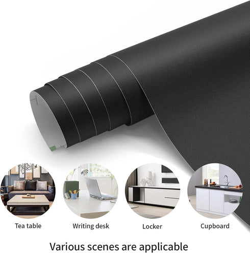 Matte Black Contact Paper 16"x78.7" Black Peel and Stick Wallpaper Thick Black Wallpaper Waterproof Decorative Self Adhesive Vinyl Film Wrap Conta...