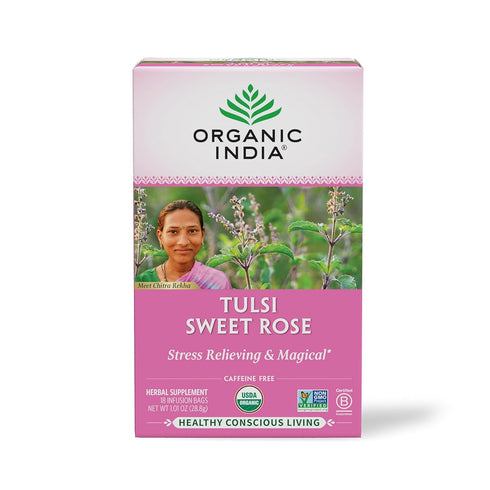ORGANIC INDIA Tulsi Sweet Rose Herbal Tea - Holy Basil Leaf, African Basil, Chamomilie, Lemon Myrtle, Stress Relieving, Immune Support, USDA Certi...