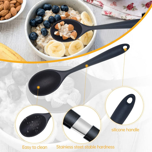 2 Pcs Silicone Nonstick Mixing Spoon, Silicone Spoons for Cooking Heat Resistant, Cooking Utensil for Kitchen Cooking Baking Stirring Serving (Bla...