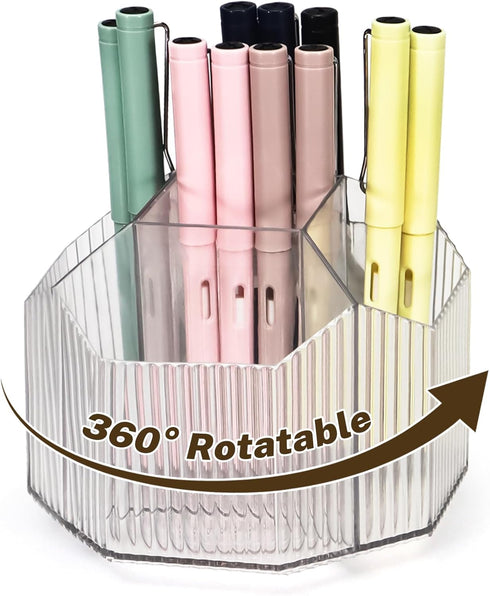 Clear Rotating Pen Holder 5 Compartments, 360 Degree Spinning Desk Organizer, Office Marker Crayon Organizer Storage, Pencil Cup Caddy for Art Sup...