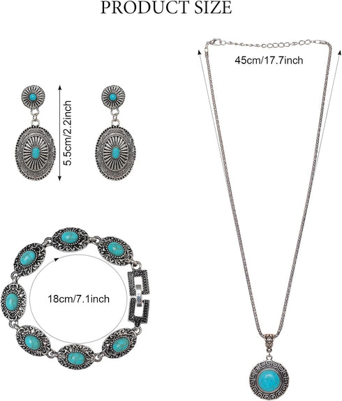 4 Pieces Bohemian Turquoise Jewelry Set Chain Waist Belt Turquoise Necklace Vintage Turquoise Dangle Earrings and Bracelet Western Jewelry for Wom...