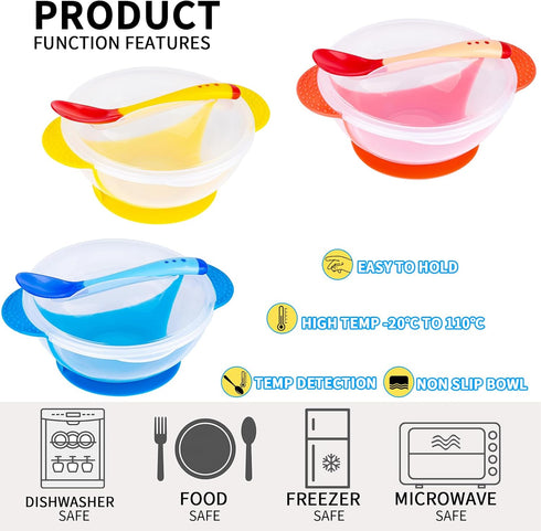Berry President Baby Bowls with Suction Base, Spill-Proof Lid, Temperature-Sensing Spoon, Binaural Design Bowl for Babies Kids children Toddlers, ...