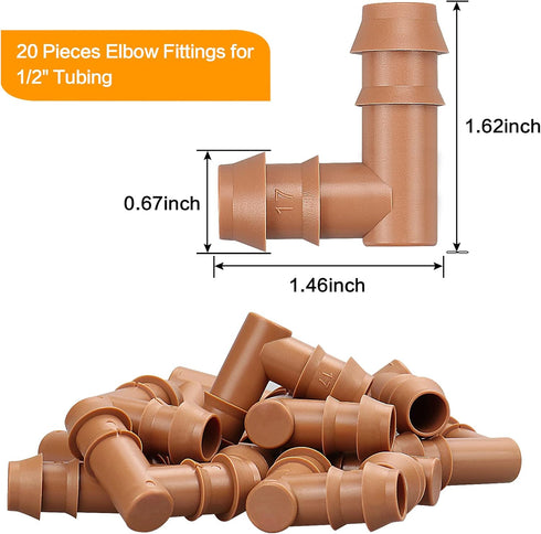 20 Pieces Drip Irrigation Barbed Elbows Fittings for 1/2” Tubing (0.600”ID) - Drip Elbows (17mm) Irrigation Tubing Connectors for Drip Sprinkler G...