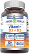 Amazing Formulas Vitamin D3 5000 IU with Vitamin K2 100 Mcg | 120 Veggie Capsules Supplement | Non-GMO | Gluten Free | Made in USA...