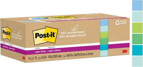 Post-it 100% Recycled Paper Super Sticky Notes, 2X The Sticking Power, 3x3 in, 12 Pads, 70 Sheets/Pad, Oasis Collection (654R-12SST)...