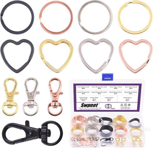 Swpeet 60Pcs Round and Heart Shape 4 Colors Key Rings O Rings with Metal Swivel Lobster Claw Clasp Keychain Assortment Kit, Flat Keychain Rings Me...