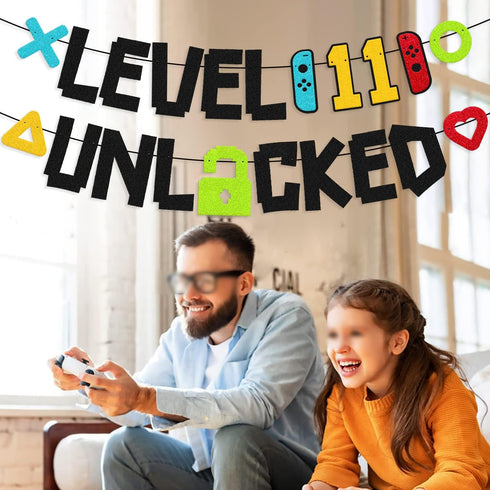 Level 11th Unlocked Sign Banner Happy 11th Birthday Level Up Eleventh Bday Party Decorations for Video Game Controller Themed Kids Boy Girl Birthd...