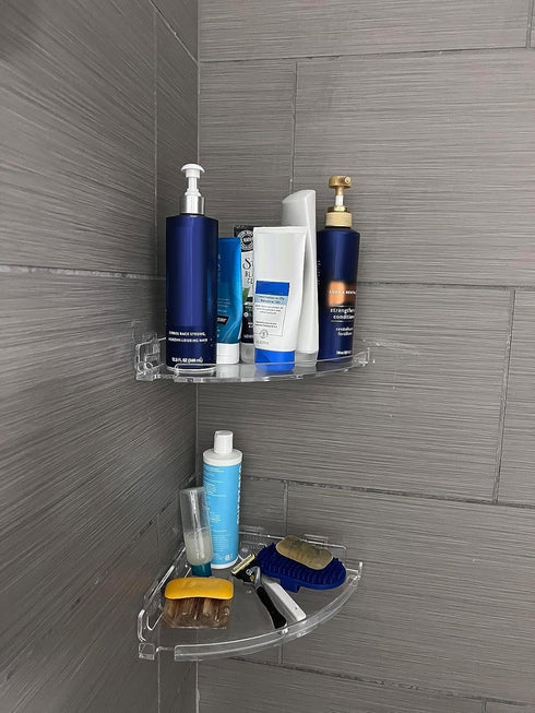 JiePai Acrylic Corner Shower Caddy Shelf with Hooks 2 Pack, Adhesive Wall Mounted Bathroom Shower Organizer for Inside Shower & Kitchen Storage, S...
