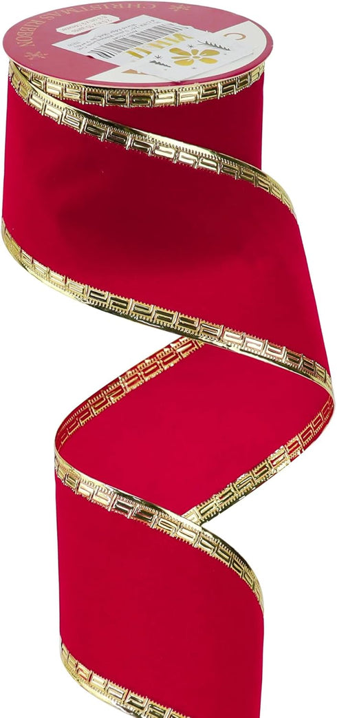 MEEDEE Red Velvet Ribbon 2.5 Inch Red Velvet Christmas Ribbon 10 Yards Red Velvet Wired Ribbon with Gold Greek Key Edge Ribbon Red Ribbon for Chri...