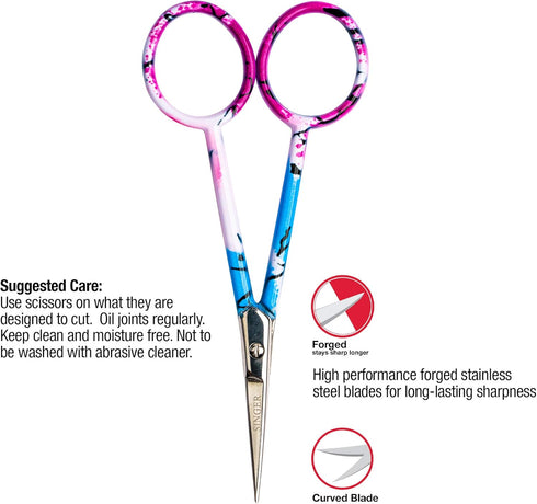 SINGER 4 Inch Forged Embroidery Scissors with Curved Tip for Sewing, Cross-Stitching, Crafts, & More (White Floral & Pastel Print, 2-Pack)...