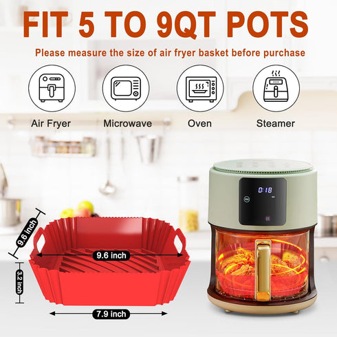 Large Silicone Air Fryer Liners Square 5-9 QT, 9.6 Inch Reusable Airfryer Liners Air Fryer Silicone Liners Pot Oven Liner Baking Tray, Air Fryer B...
