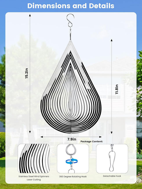 1 PCS Water Drop Stainless Steel Wind Spinners, Reflective Wind Spinners, 3D Hanging Wind Spinner Sparkly Metal Wind Spinner,Wind Sculptures, Bird...