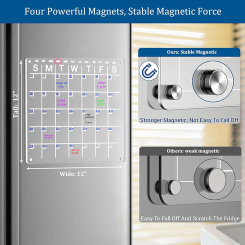 Acrylic Calendar for Fridge 12"x 12" Magnetic Calendar for Refrigerator Dry Erase Board Calendar White Board for Fridge with 4 Markers......