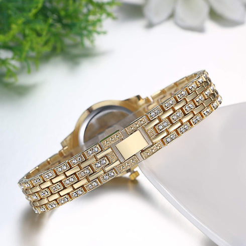 JewelryWe Women Watches Gold Tone Alloy Rhinestone Quartz Watch Stylish Bling Dress Watch Wristwatches for Valentine’s Day...