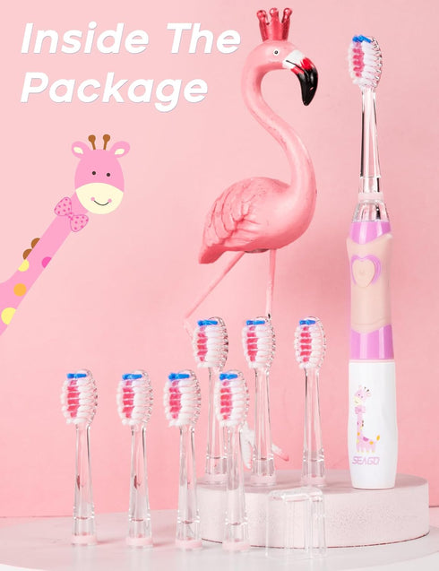 SEAGO Kids Electric Toothbrush with 2 Mins Brushing Timer and 8 Replacement Bursh Heads,Rainbow LED Light Make Brushing Fun, Pink Color Girls Batt...