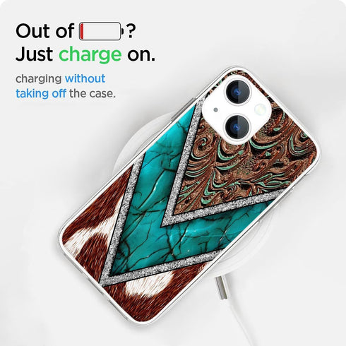 Compatible with iPhone 15 Case, Western Cowhide Turquoise and Brown Animal Print Shockproof Protective Case with Unique Design for Women Girls TPU...