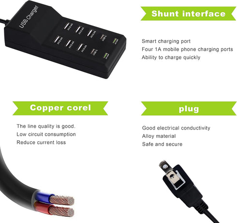 USB Charger,100W USB Charging Station with 10-Port(6 USB-A Port&2 USB-C Port&2 PD20W) Compatible with iPhone 15/14/13/13pro Max 12/12 Mini/12Pro/1...