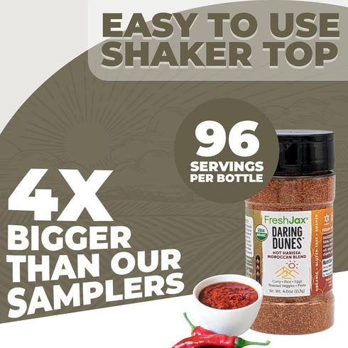FreshJax Daring Dunes Hot Moroccan Harissa Spice Blend (4.0 oz Large Bottle) Non GMO, Gluten Free, Keto, Paleo, No Preservatives Harissa Seasoning...