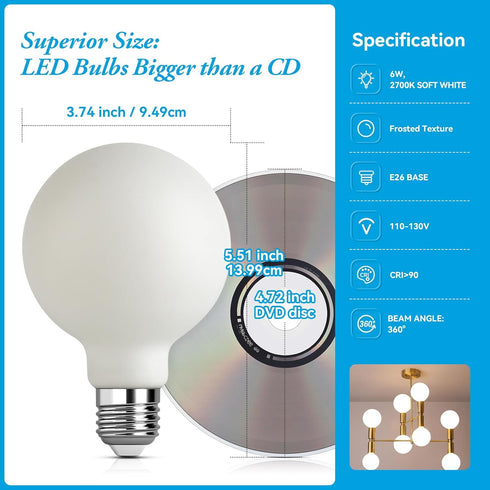 Frosted LED Globe Light Bulbs, 6W LED Light Bulb,Warm White 2700K 600LM E26 Standard Base Dimmable Edison Bulb, G30/G95 Vintage LED Edison Bulb, 2...