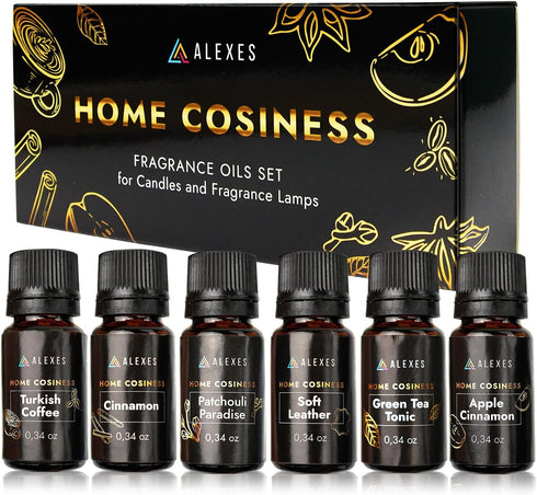 Scented Oil Gift Set - Proffesional Fragrance Oils 6 Pack 10ml - Apple Cinnamon, Turkish Coffee, Patchouli Paradise, Soft Leather, Cinnamon, Green...