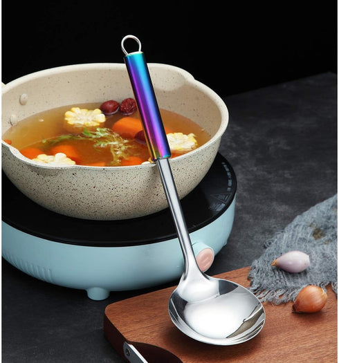 Berglander Cooking Ladle, Stainless Steel Rainbow Handle Soup Ladle Soup Spoon With Titanium Plating, Metal Ladle For Cooking, Colorful Handle Kit...
