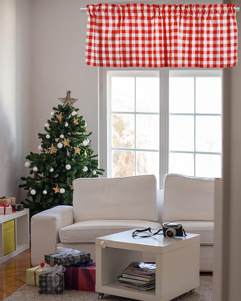 Buffalo Red and White Check Kitchen Window Valance 2 Pack Half Short Gingham Plaid Farmhouse Textured Short Window Drape Panel Home Decor Curtain ...