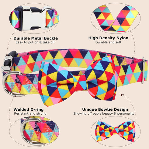 Dog Collars with Bow Tie Colorful Geometry Patterns, Small Puppy Dog Collars with Bow, Adjustable Dog Collar for XS Small Medium Large Dog (Colorf...