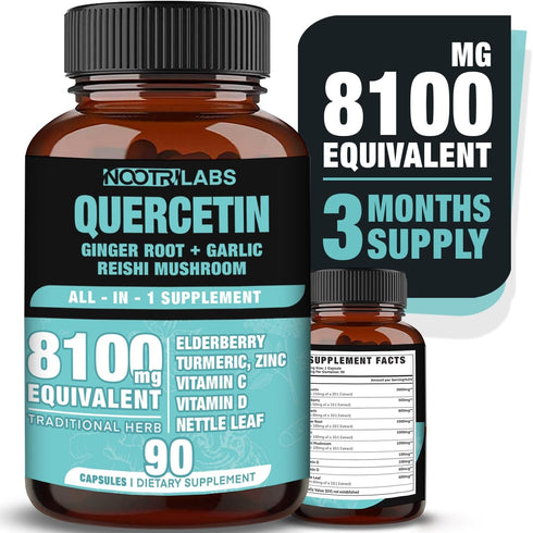 All-in-1 8100mg Highest Potency Quercetin, Elderberry, Turmeric, Reishi Mushroom, Vitamin C, D, Ginger Root, Zinc, Nettle Leaf - Immune, Energy, A...