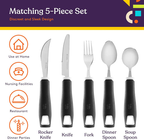 Special Supplies Adaptive Utensils 5-Piece Set Non-Weighted, Non-Slip Handles for Hand Tremors, Arthritis, Parkinson’s or Elderly Use - Stainless ...