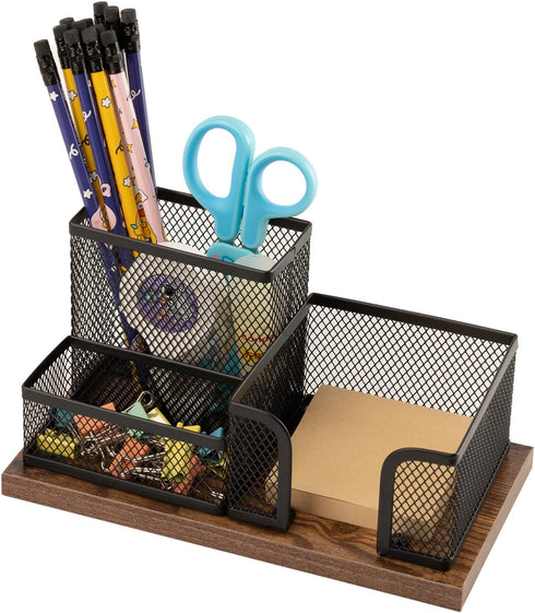 Antique Wood & Mesh Pen Holder Office Supplies Caddy, Storage Baskets for Desktop Accessorieswith Sticky Notes Holder,3 Compartments(2 Pack Black)...