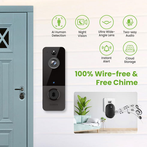 Video Doorbell Camera Wireless with Ring Chime, AI Human Detection, Live Image, Night Vision, Instant Alerts, 2-Way Audio, Outdoor Indoor Surveill...