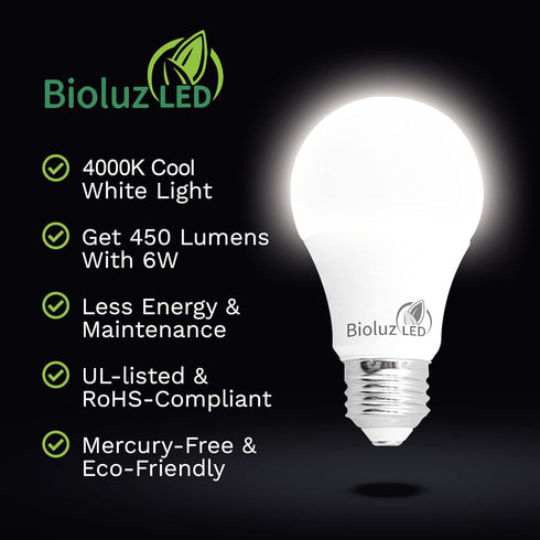 Bioluz LED 40 Watt LED Light Bulbs 4000K Cool White 6 Watts = 40W Non-Dimmable A19 LED Light Bulbs 6 Pack...