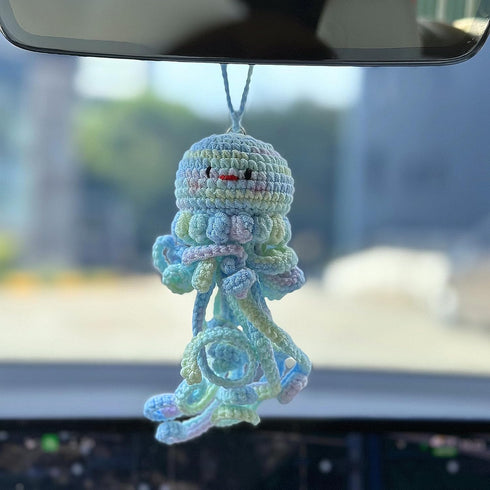 Crochet Jellyfish Pendant for Car Interior Rearview Mirror, Car Hanging Knitted Jellyfish Charm Ornament, Handmade Car Accessories Gift...