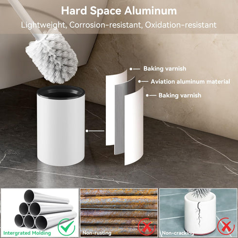 Aluminum Toilet Bowl Brush and Holder Set, Toilet Scrubber with Metal Handle Holder Durable Bristles for Bathroom Cleaning, Wall Mounted Floor Sta...