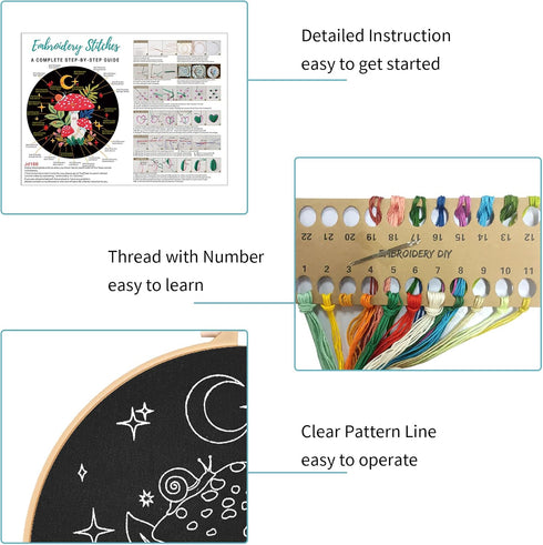 Nuberlic 3 Pack Embroidery Kit for Beginner Adults, Stamped Cross Stitch for Embroidery Starters with Mushroom Patterns Include 3 Embroidery Hoop,...