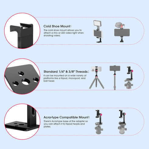 Manbily Phone Tripod Mount Adapter with Cold Shoe, Metal Aluminum Smartphone Tripod Holder 360° Cell Phone Clip for iPhone Samsung Video Live Vlog...