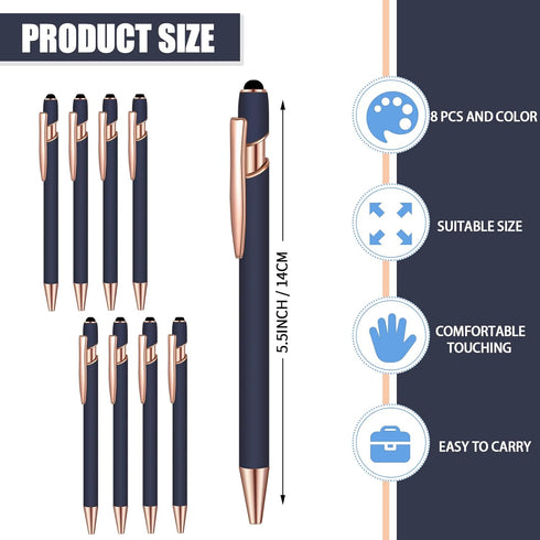 8 Pcs Blue Ink Ballpoint Pen with Stylus Tip 2 in 1 Stylus Ballpoint Pen Metal Pens Stylus Pen for Touch Screens School Office Coworkers (Blue Ros...