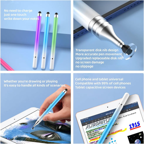 Universal 2 in 1 Stylus Pens for Touch Screens - Compatible with iPad, iPhone, Android, Microsoft Tablets, Phones, Surface - Pack of 5 in Blue, Gr...