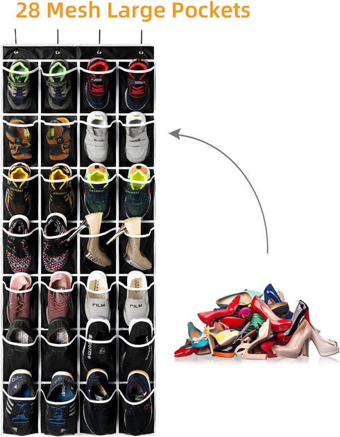 28 Pockets Over the Door Shoe Organzier, Hanging Shoe Organizer for Door Large Capacity Shoe Storage Bag with 4 Metal Hooks (Black-1Pack)...