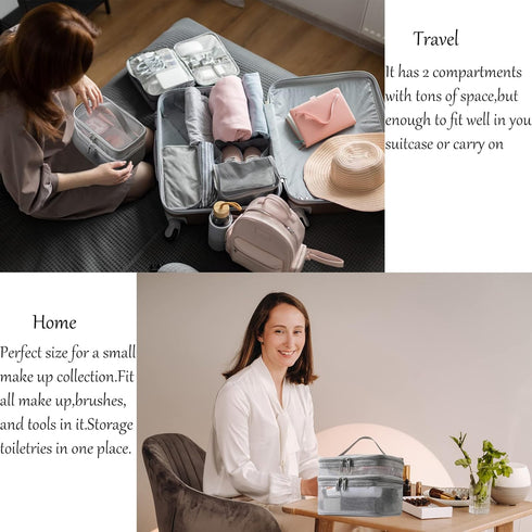 Double Layer Big Makeup Bag Travel Cosmetic Case Makeup Organizer Bag Portable Skin Care Toiletry Bag (beige)...