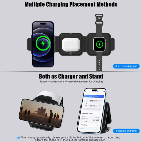 Wireless Charger 3 in 1 with Adapter and Travel Case,Fast Wireless Charging Station,Wireless Charging Pad Compatible with iPhone 14/13/12/11 Serie...