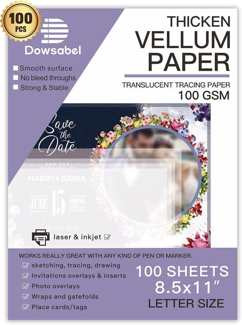 Translucent Vellum Paper, Dowsabel 68LBS 8.5 x 11 inches Printable Vellums for Card Overlays, Invitations Belly Bands, Envelope, Lantern,50 Sheets...