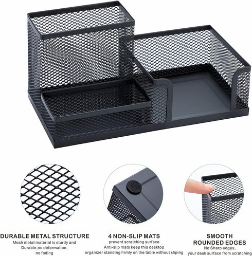 2 Pack Black Pen Holder - Mesh Desk Organizer Office Supplies Caddy with Sticky Notes Holder, 3 Compartments 4 Non-slip Mats Easy Storage Suitable...