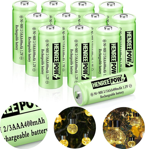 Henreepow Ni-MH 2/3AAA 1.2v 400mAh Rechargeable Batteries,Low Self-Discharge, Long Range with Button Top for Solar Lights,Length 2/3 The Size of A...
