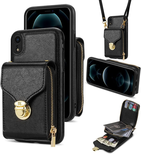 Compatible with iPhone XR 6.1 Wallet Case Crossbody Strap Leather Zipper Credit Card Holder Clasp Stand Cell Accessories Phone Cover for iPhoneXR ...