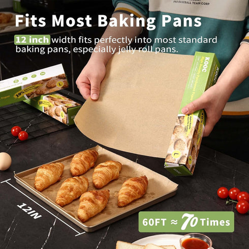 KOOC Premium 60-Feet Parchment Paper Roll - 12-Inch Width, Non-Stick, Unbleached Baking Paper - Ideal for Baking, Cooking, and Food Preparation - ...