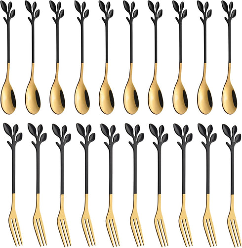 AnSaw 10-Pieces Small Coffee Spoons and 10-Pieces Desserts Forks, 4.7-inch Stainless Steel With Leaf Handle (Black & Gold)...